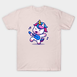 Cute Unicorn Playing Guitar Cartoon T-Shirt